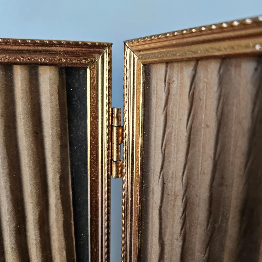 Vintage Gold Tone Metal Folding Double Picture Frame Ornate Floral Embossed 8x10